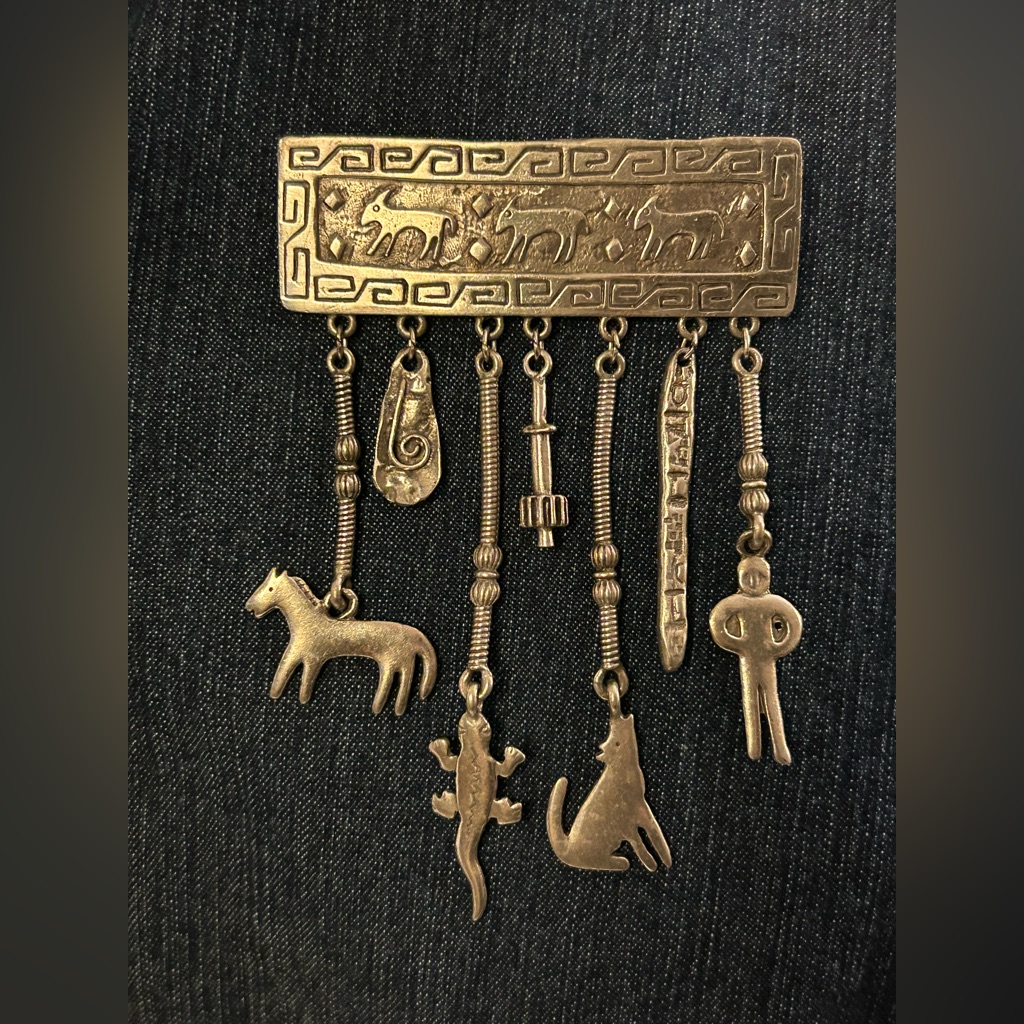 Charm Brooch Southwestern Theme; Pewter; 80s Vintage Accent Jewelry